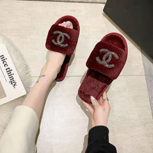 Load image into Gallery viewer, Luxury Rhinestone Home Shoes Flat Slippers  plush slippers
