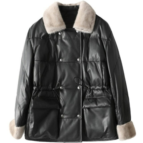 New Medium Long Leather Down Winter Mink Wool Collar